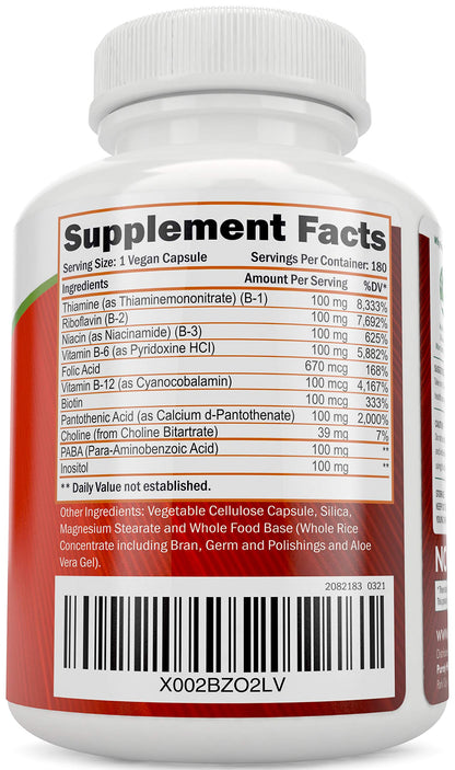 Frasco cerrado suplemento vitaminas B Purely Holistic 180 cápsulas