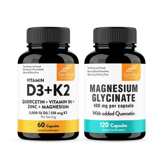 Frasco suplemento vitaminas D3 K2 con magnesio y quercetina Sandhu