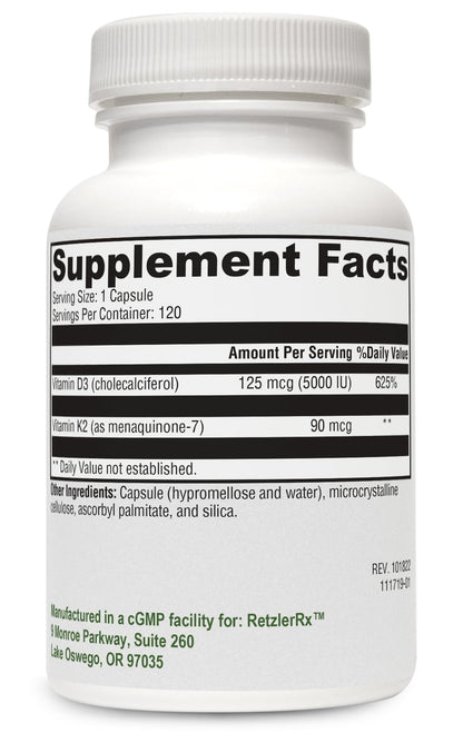 Frasco suplemento vitamínico RetzlerRx vitamina K2 más D3 alta absorción