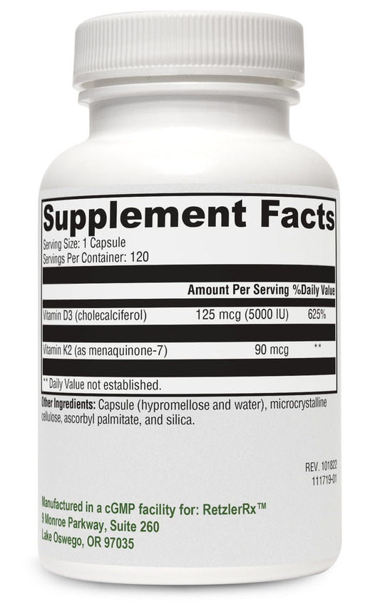 Frasco suplemento vitamínico RetzlerRx vitamina K2 más D3 alta absorción