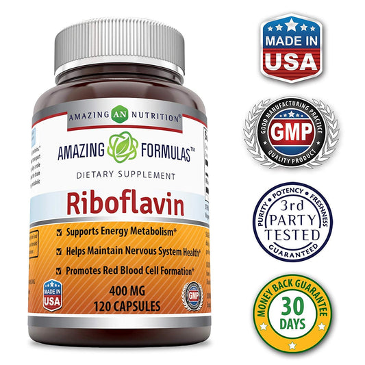 Frasco suplemento vitaminico riboflavina 400 mg 120 cápsulas