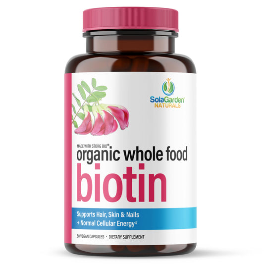 Frasco suplemento Whole Food biotina orgánica SolaGarden 60 cápsulas