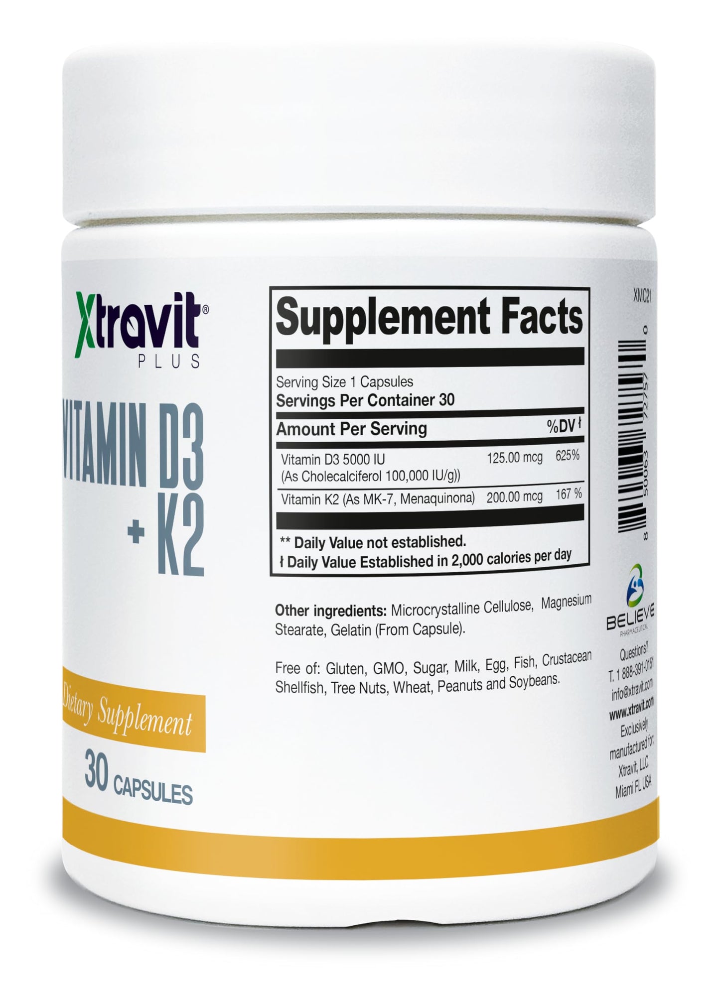 Frasco suplemento Xtravit vitamina D3 K2 30 cápsulas