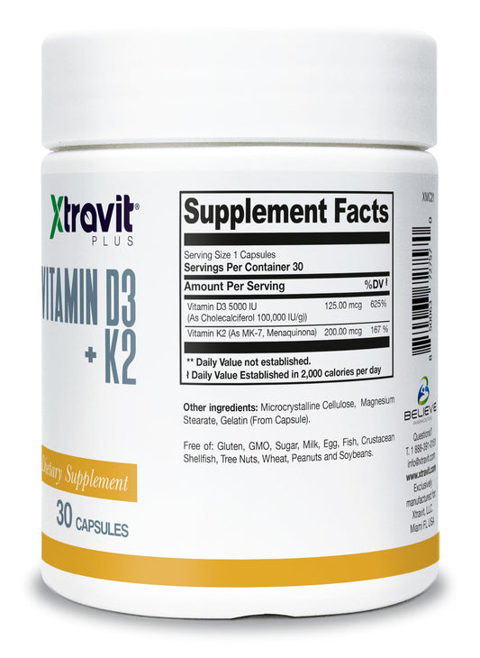 Frasco suplemento Xtravit vitamina D3 K2 30 cápsulas