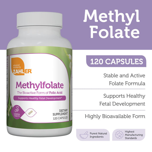 Frasco de suplemento Zahler L-metilfolato 1000 mcg para mujeres