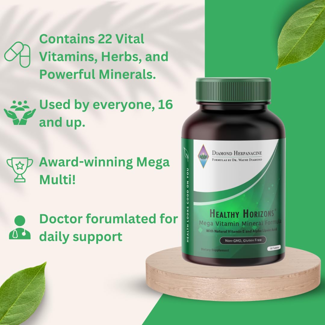 Nuevo frasco de suplementos Healthy Horizons sobre fondo de hojas.