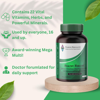 Nuevo frasco de suplementos Healthy Horizons sobre fondo de hojas.
