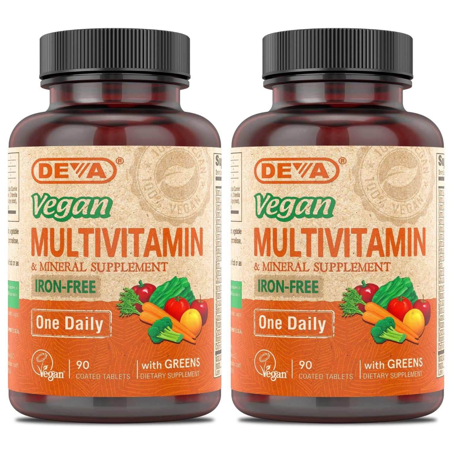 Frascos de suplemento multivitamínico vegano DEVA