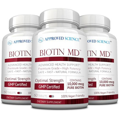 Frasco de tabletas veganas Biotin MD Approved Science 10,000 mcg