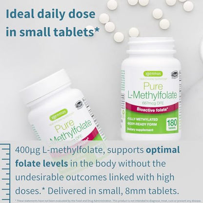 Frasco y tabletas Igennus Pure Folate para salud general