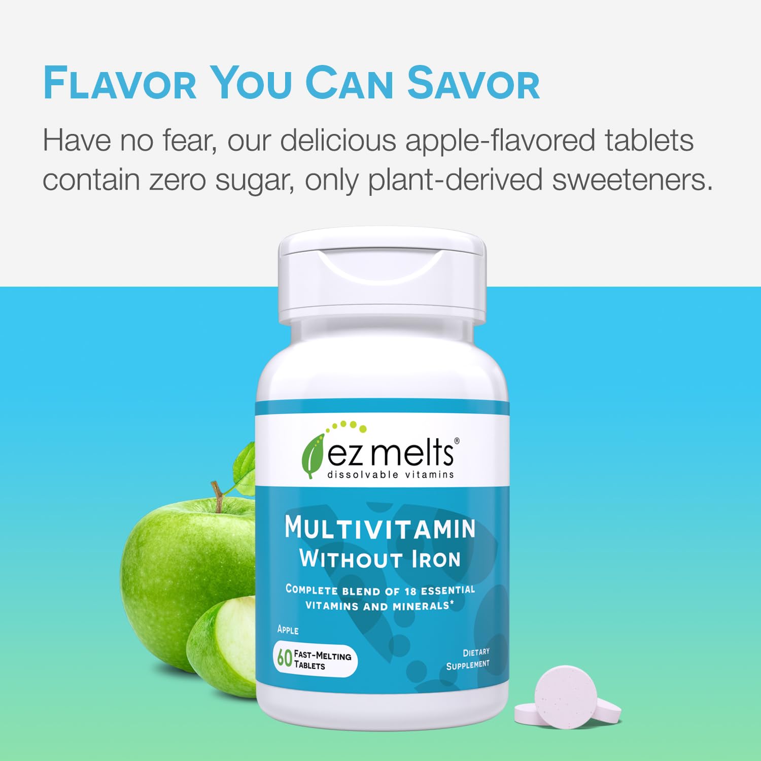 Frasco de tableta EZ Melts de sabor a manzana sin azúcar
