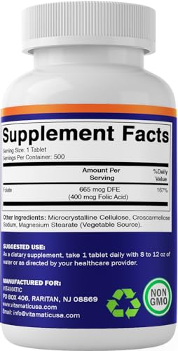 Frasco y tabletas Vitamatic ácido fólico 400 mcg 500 unidades