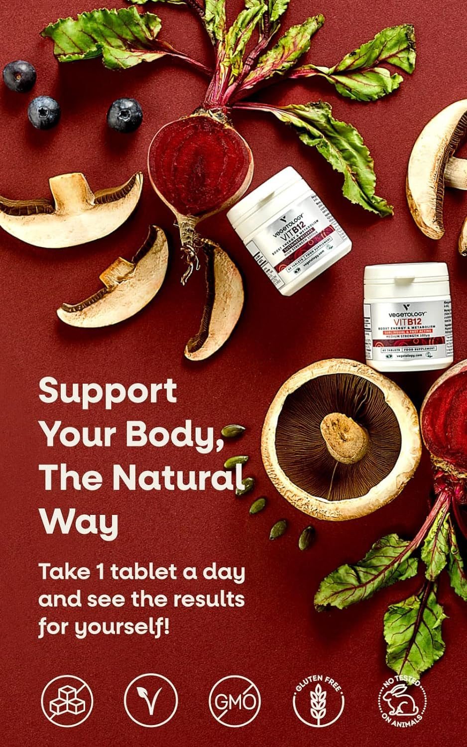Frasco tableta vitamina B12 vegana VEGETOLOGY 60 unidades