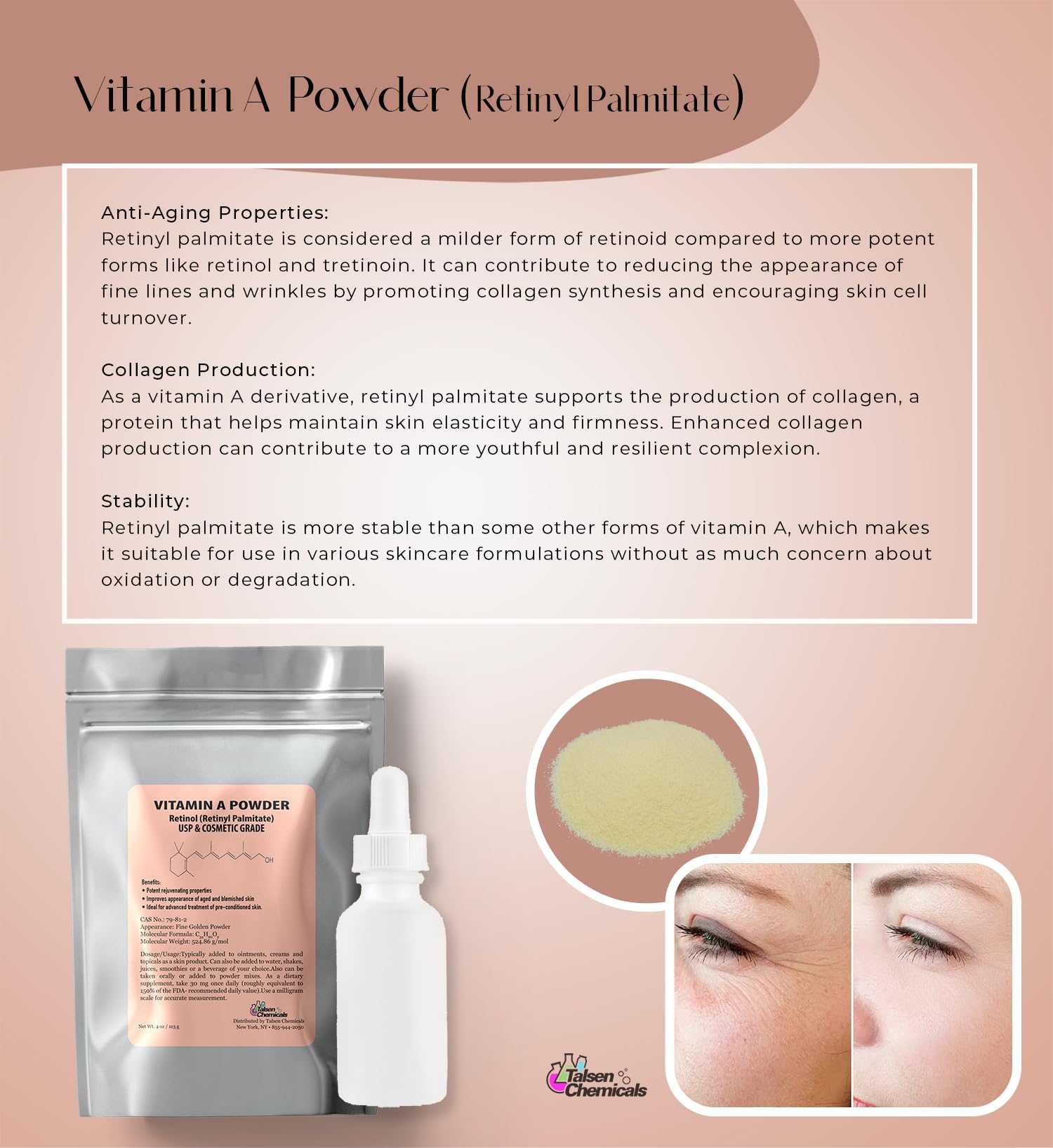 Frasco de Talsen Chemicals vitamina a en polvo grado USP