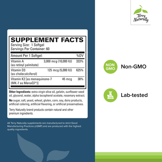 Frasco Terry Naturally vitamina A D3 K2 para salud inmunológica