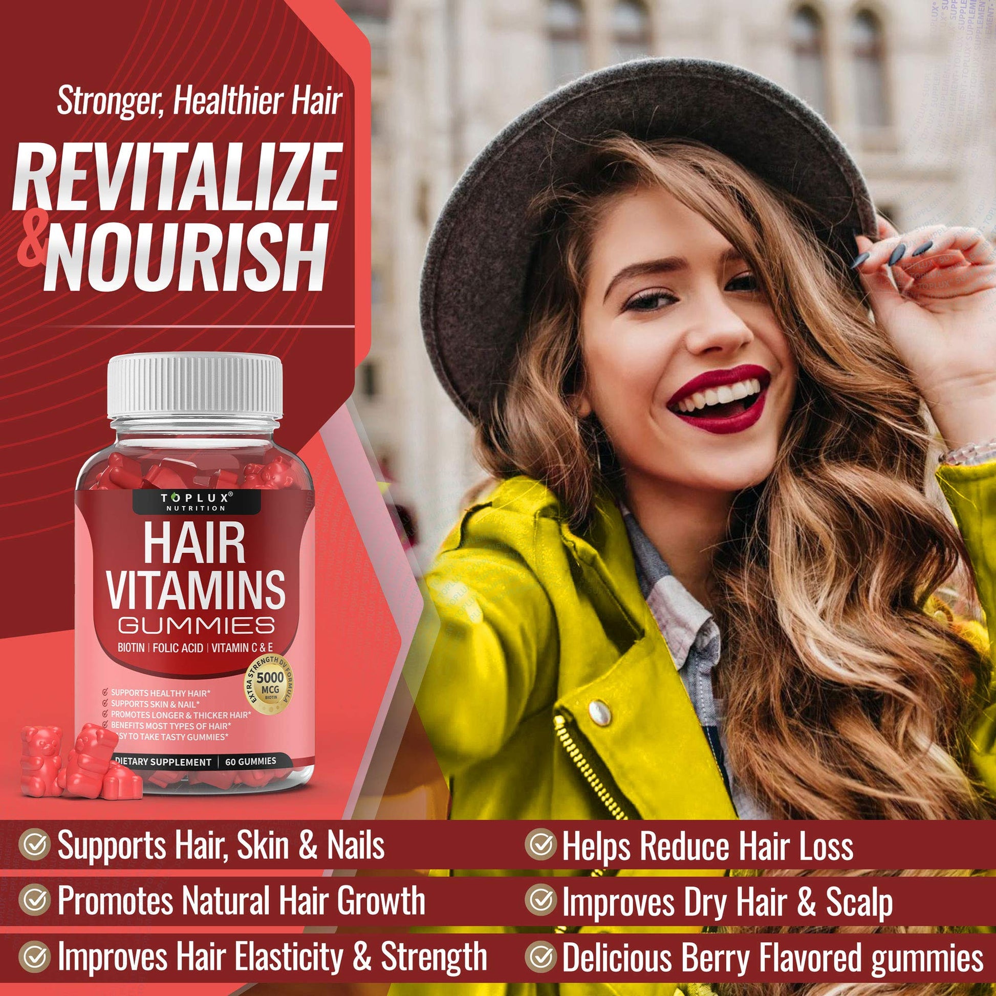 Frasco Toplux vitaminas en gominolas fortalecedor cabello y piel