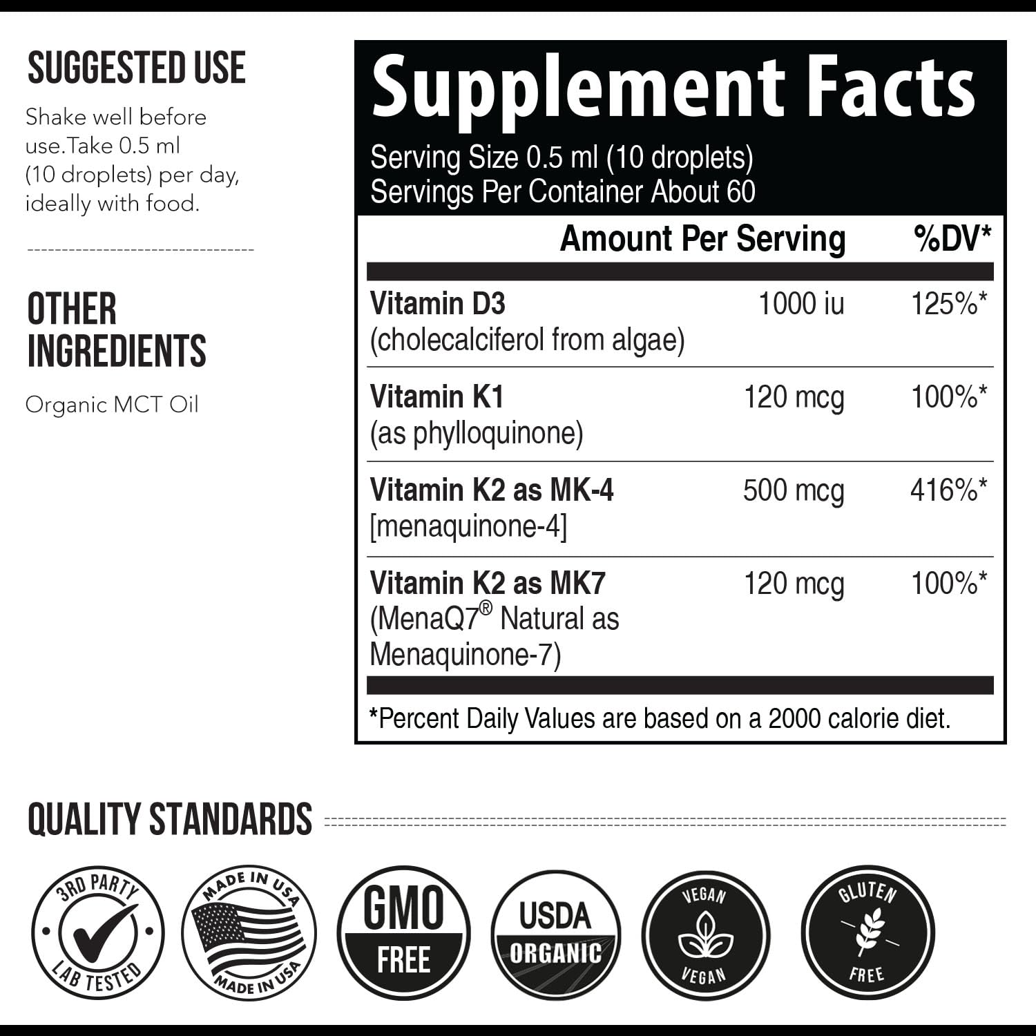 Frasco Total K2 vitamina K2 MK7 MK4 y K1 orgánica líquida