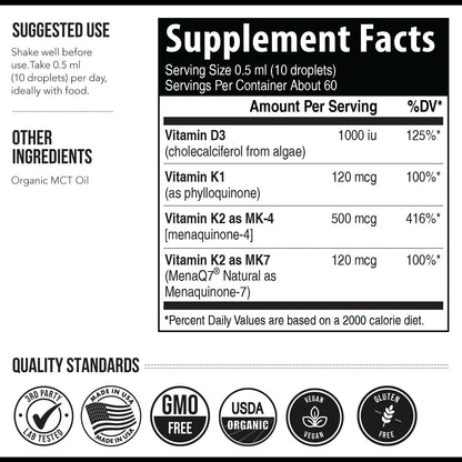 Frasco Total K2 vitamina K2 MK7 MK4 y K1 orgánica líquida