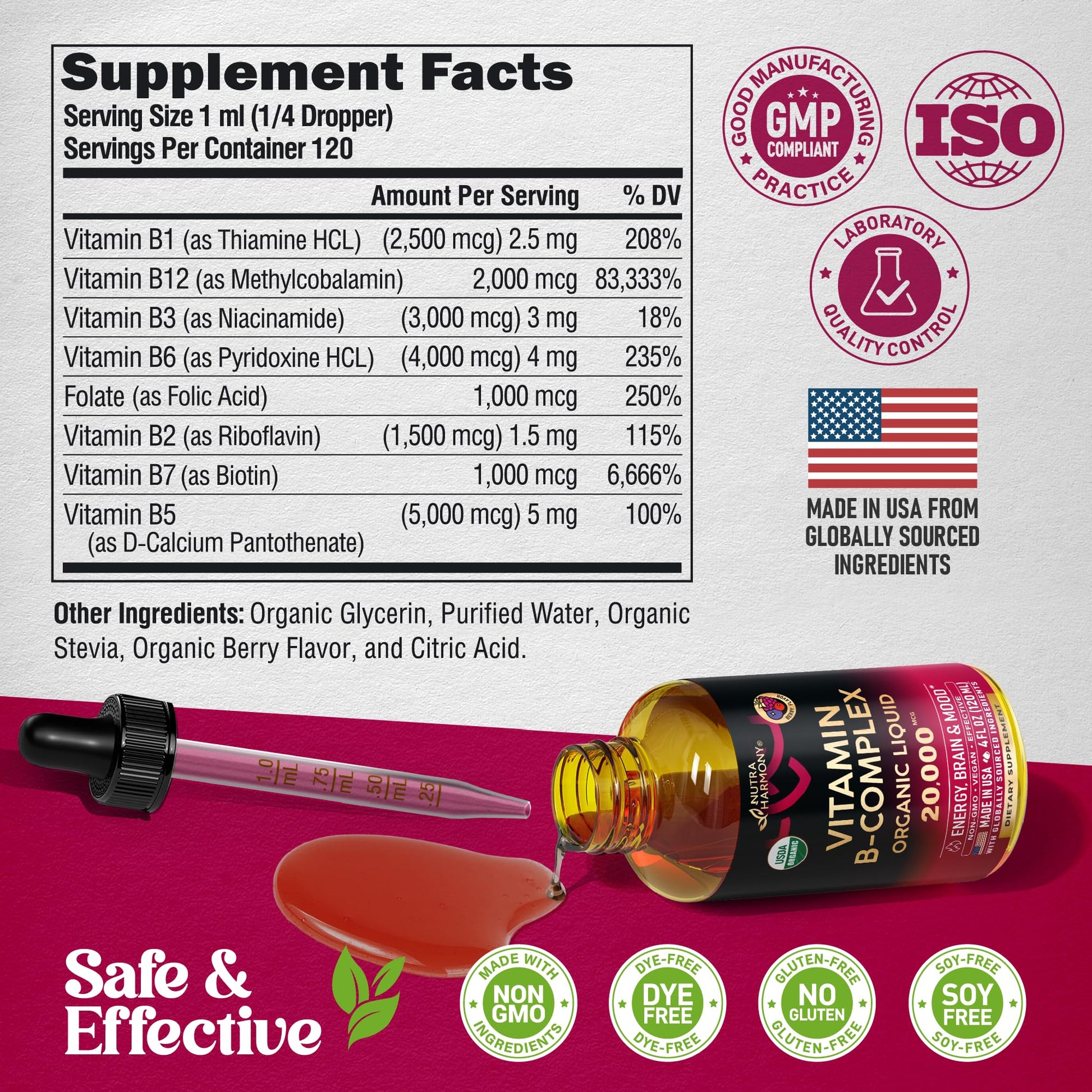 Frasco trasero gotas vitamina B complejo orgánico USA
