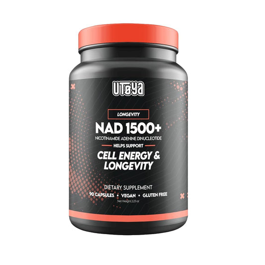 Frasco UTOYA NAD 1500+ suplemento vegano con 90 cápsulas para energía y vitalidad