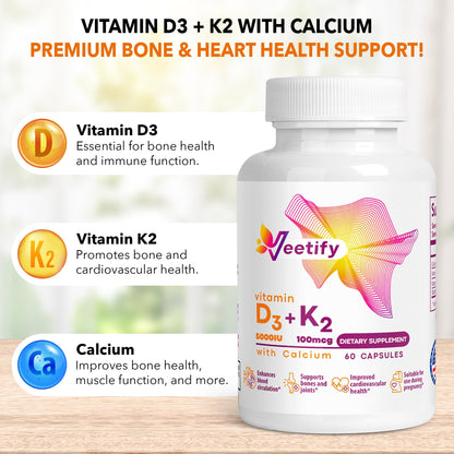Frasco Veetify 60 cápsulas vegetales vitaminas D3 K2 para huesos y articulaciones