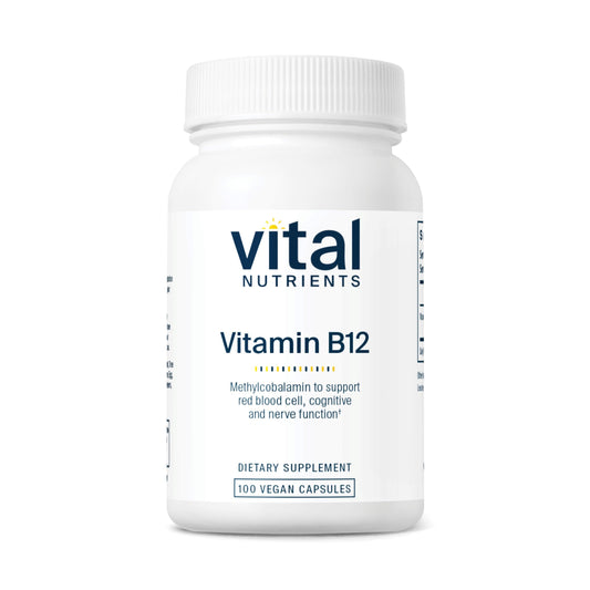 Frasco Vital Nutrients vitamina B12 1000 mcg 100 cápsulas veganas