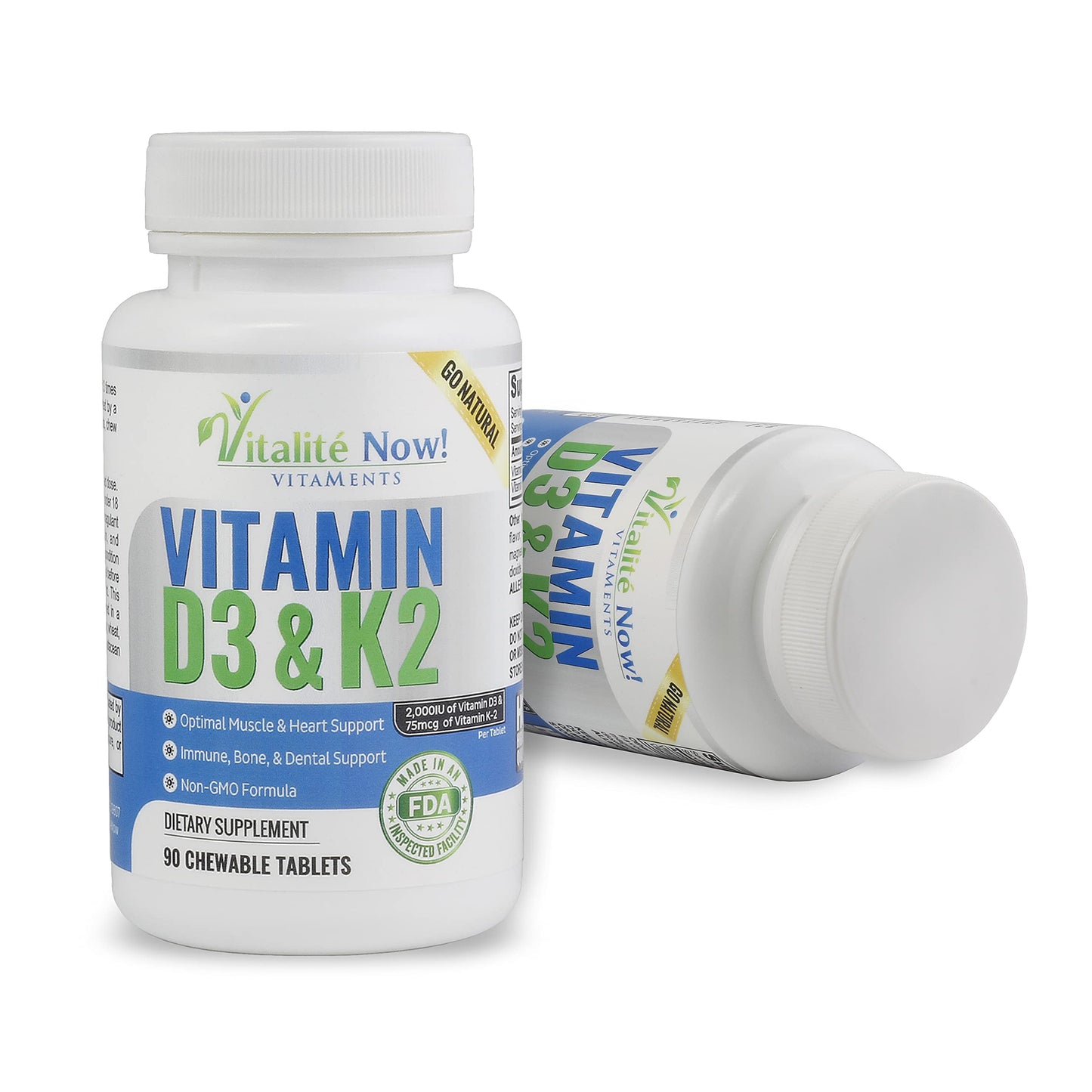 Frasco Vitalité Now vitamina D3 y K2 90 tabletas masticables