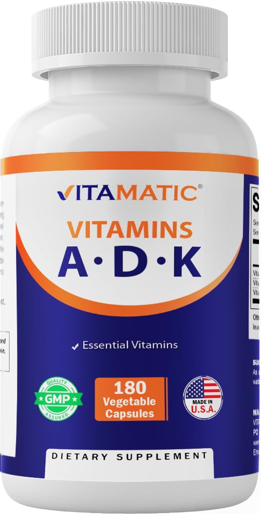 Frasco Vitamatic ADK suplemento vitaminas A D3 K2 180 cápsulas veganas