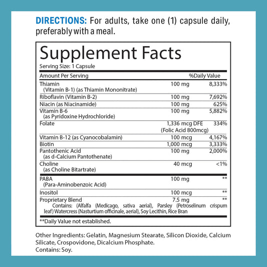 Frasco de Vitamin World complejo b 100 con 200 cápsulas