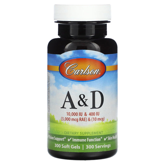 Frasco de vitamina A y D Carlson Labs 10000/400 UI 300 softgels