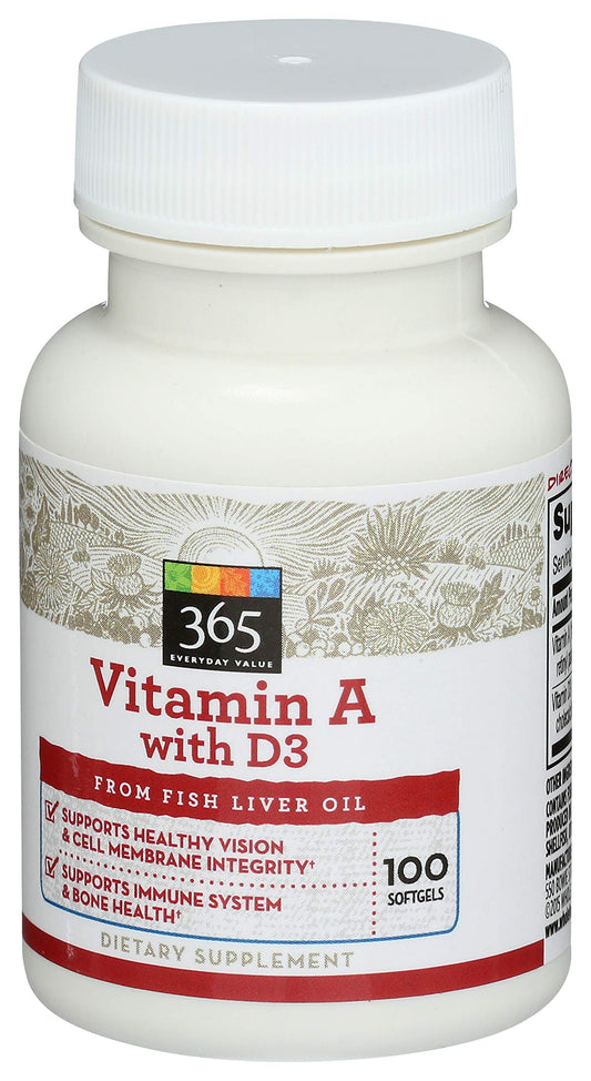 Frasco Vitamina A y D3 365 Everyday Value 100 cápsulas