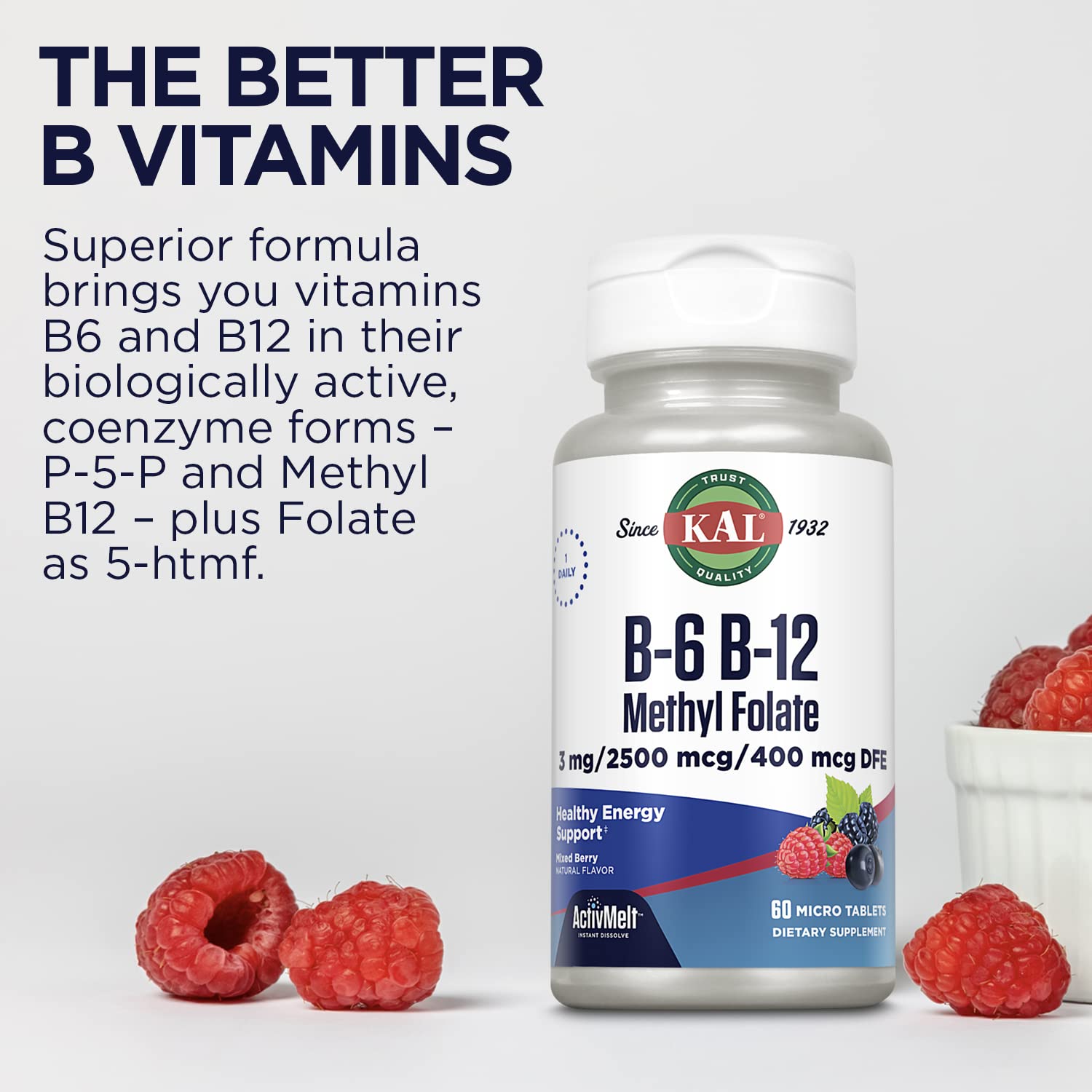 Frasco vitamina B KAL ActivMelt con sabor natural a frutas