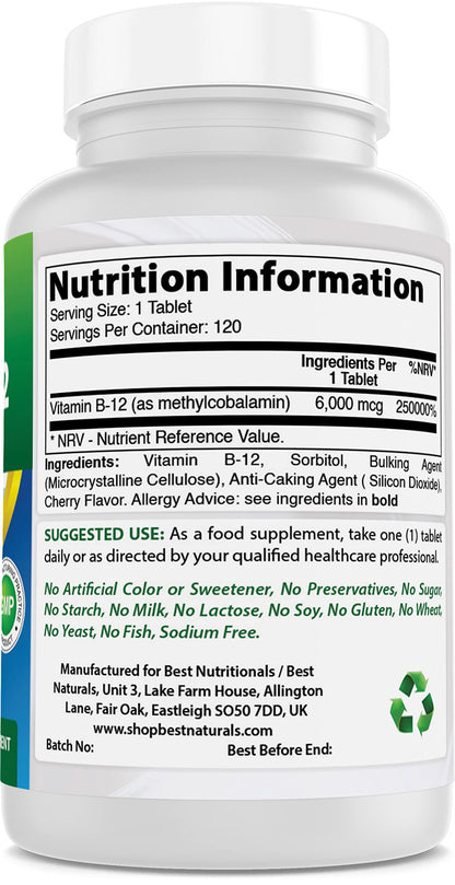 Frasco Vitamina B12 6000mcg tableta libre de gluten