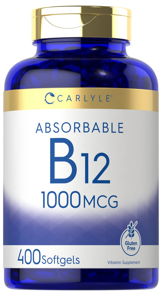 Frasco de vitamina B12 absorbible 1000mcg Carlyle con 400 softgels