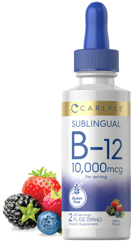 Frasco vitamina B12 líquida sublingual Carlyle sabor a baya 2 fl oz