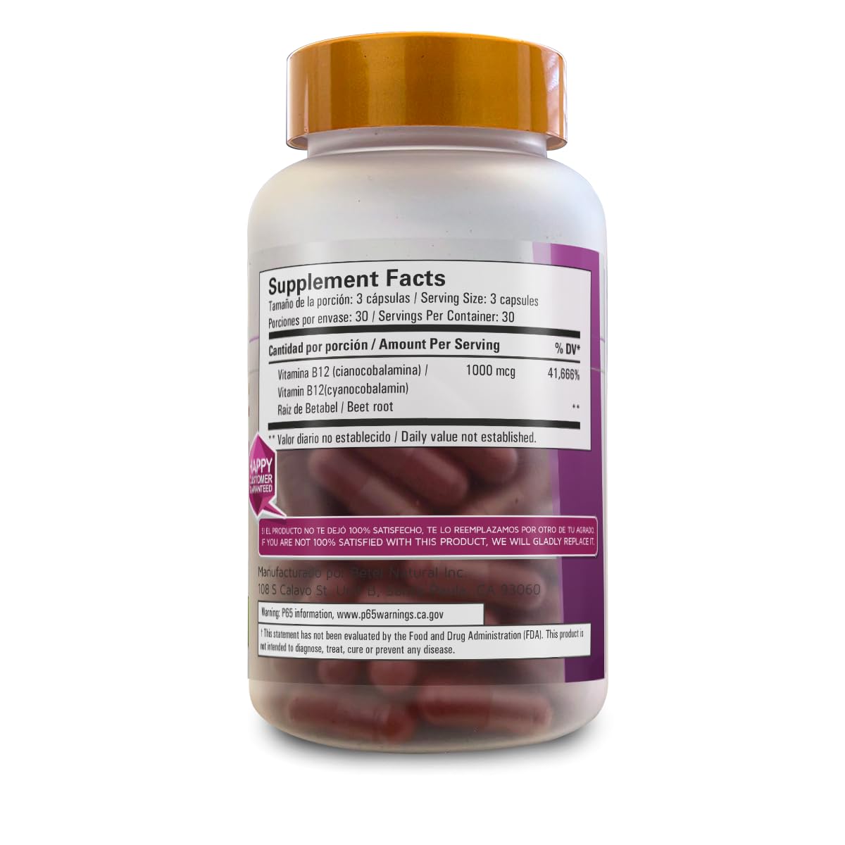 Frasco de vitamina B12 reforzado con betabel