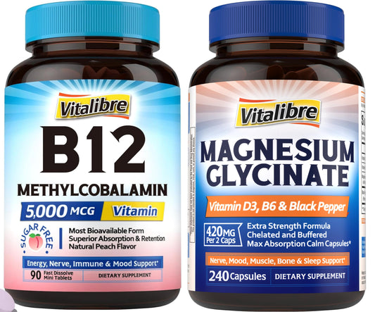 Frasco de vitamina B12 sublingual Vitalibre con magnesio glicinato y vitaminas