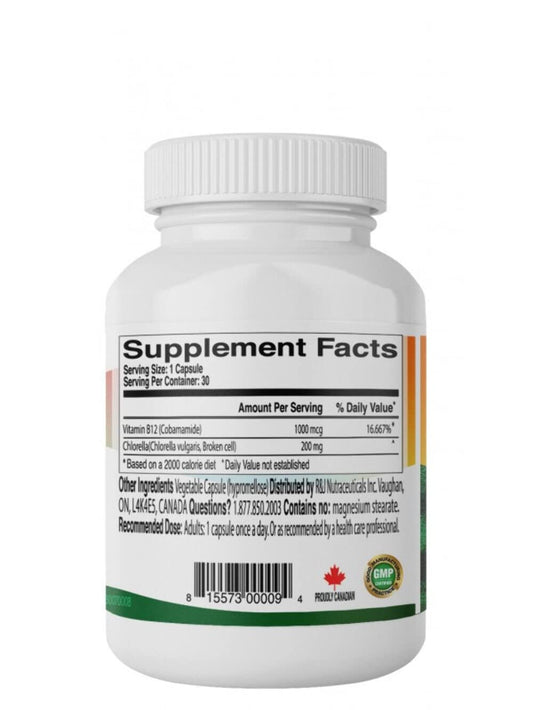 Frasco de Vitamina B12 Vitatree verde con algas