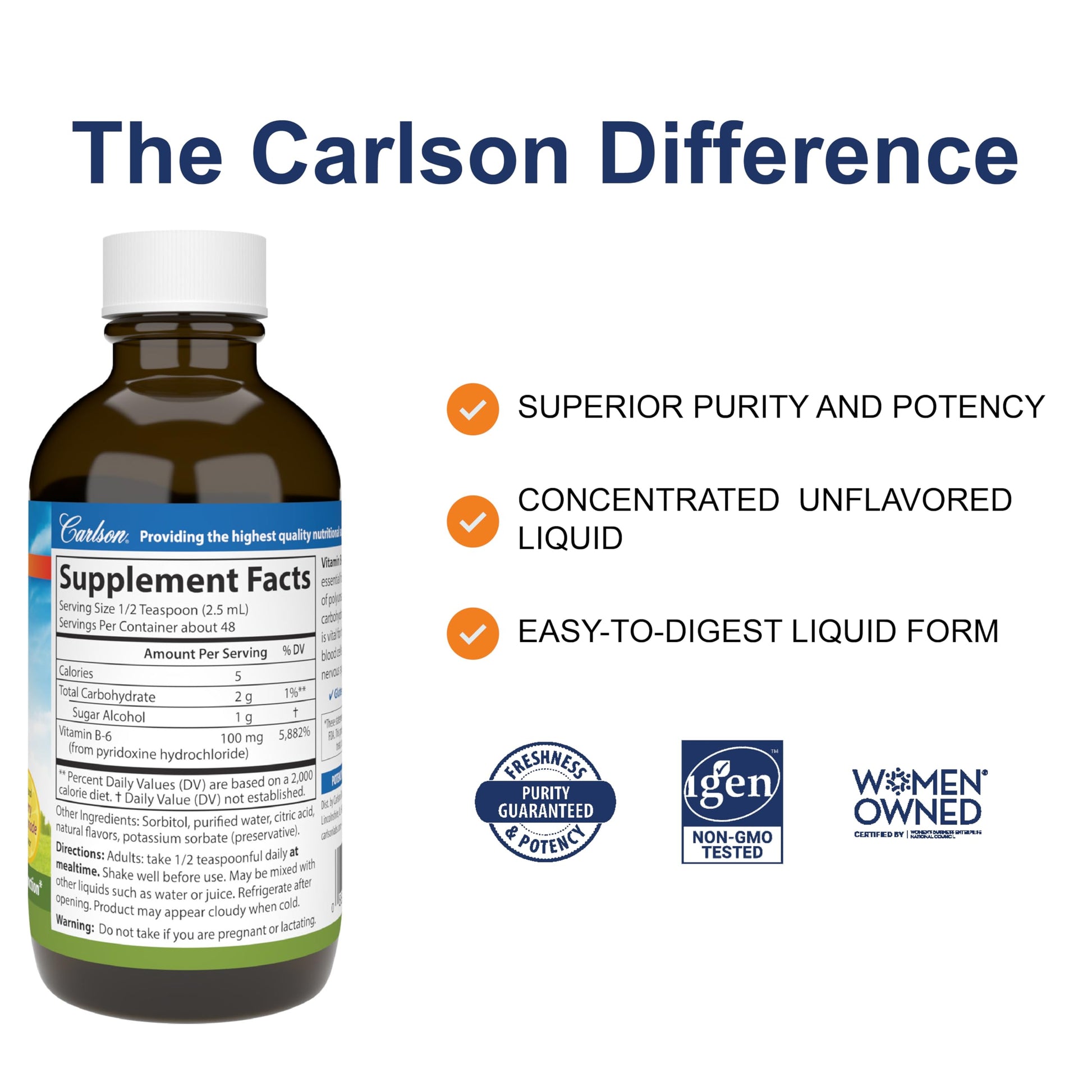 Frasco de vitamina B6 Carlson para producción energía y salud visual