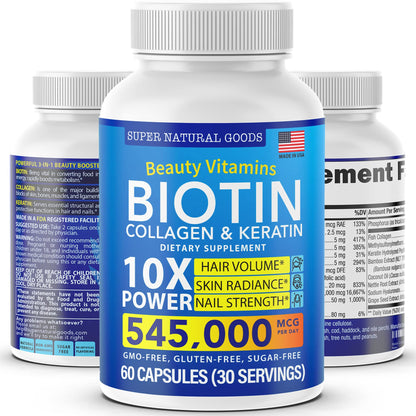 Frasco vitamina Biotina colágeno queratina Super Natural Goods 60 cápsulas