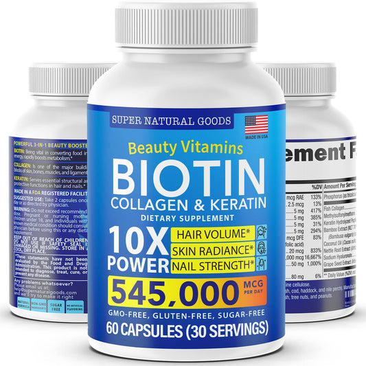Frasco vitamina Biotina colágeno queratina Super Natural Goods 60 cápsulas