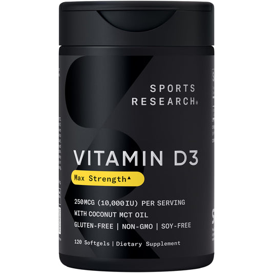 Frasco suplemento vitamina d3 10000 ui aceite coco sports research