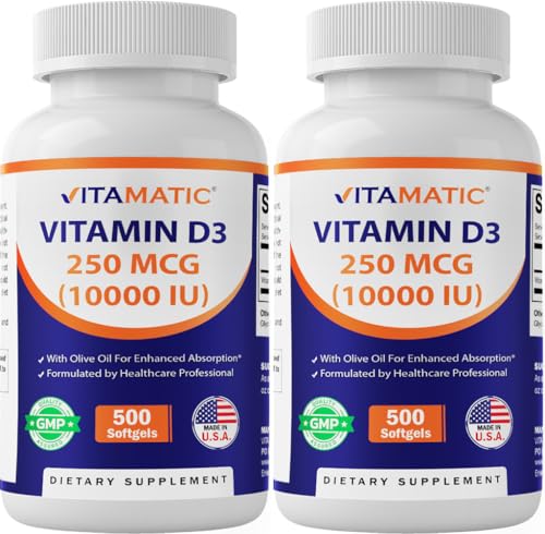 Frasco de Vitamatic Vitamina D3 10000 UI cápsulas blandas aceite de oliva