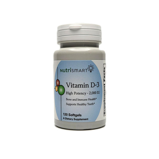 Frasco de vitamina D3 2000 IU Nutrismart 120 cápsulas blandas