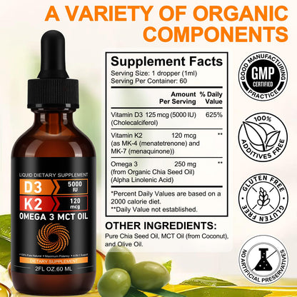 Frasco vitamina D3 5000 IU K2 120 mcg con aceite MCT Omega 3