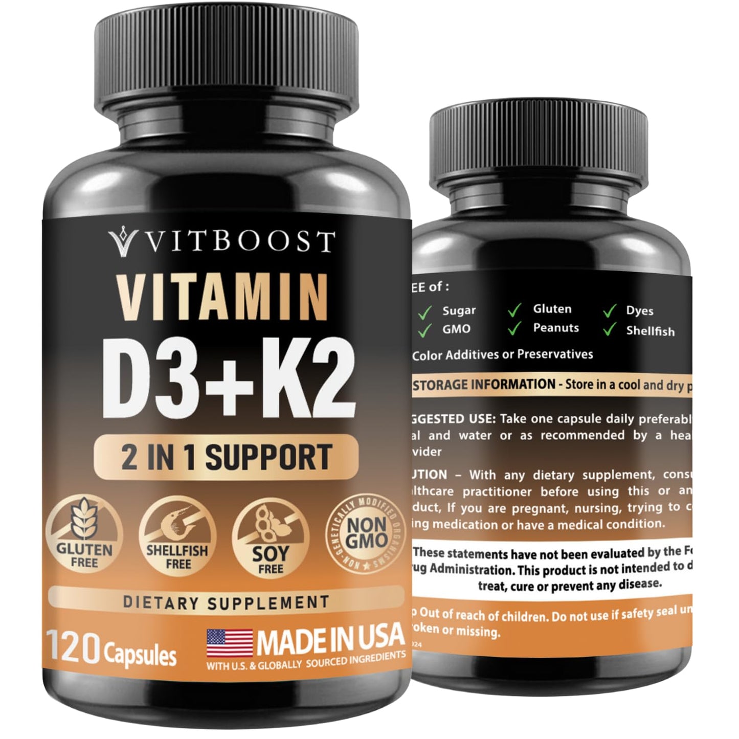 Frasco vitamina D3 5000 IU y K2 90 mcg VITBOOST 120 cápsulas