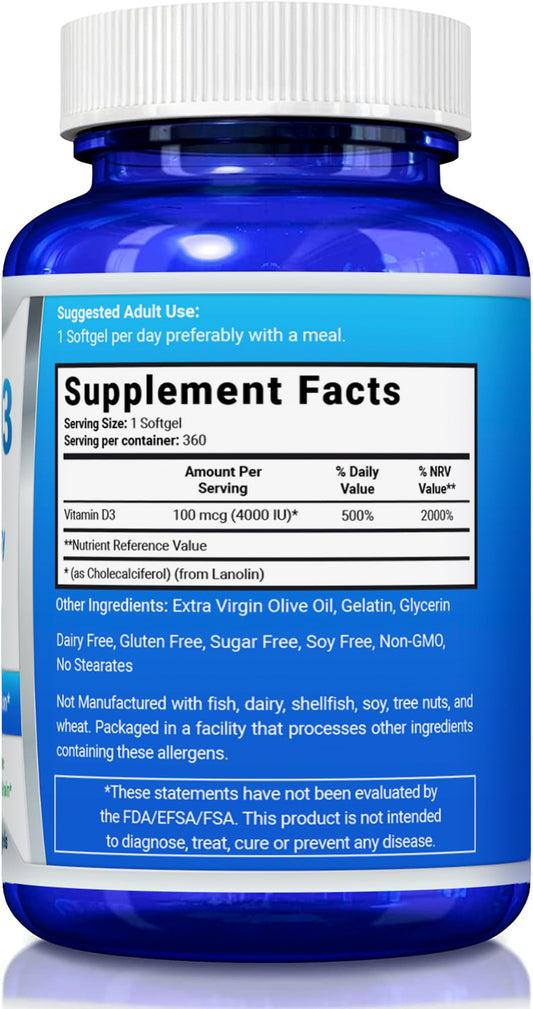Frasco de vitamina d3 5000 ui aceite oliva no ogm 360 cápsulas