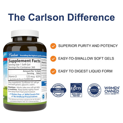 Frasco vitamina d3 carlson 360 cápsulas blandas etiqueta