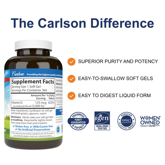 Frasco vitamina d3 carlson 360 cápsulas blandas etiqueta