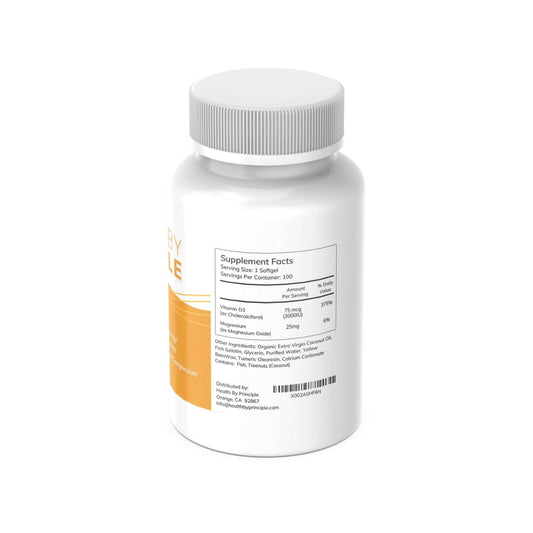 Frasco en detalle suplemento Vitamina D3 Health by Principle